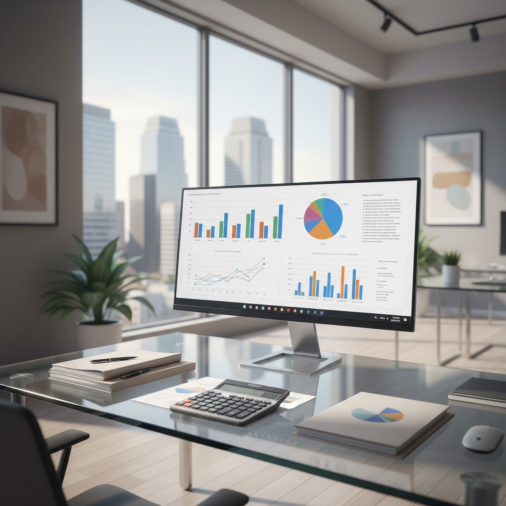 Uma escrivaninha moderna e eficiente, com uma tela de computador e diversos equipamentos necessários para uma utilização e...