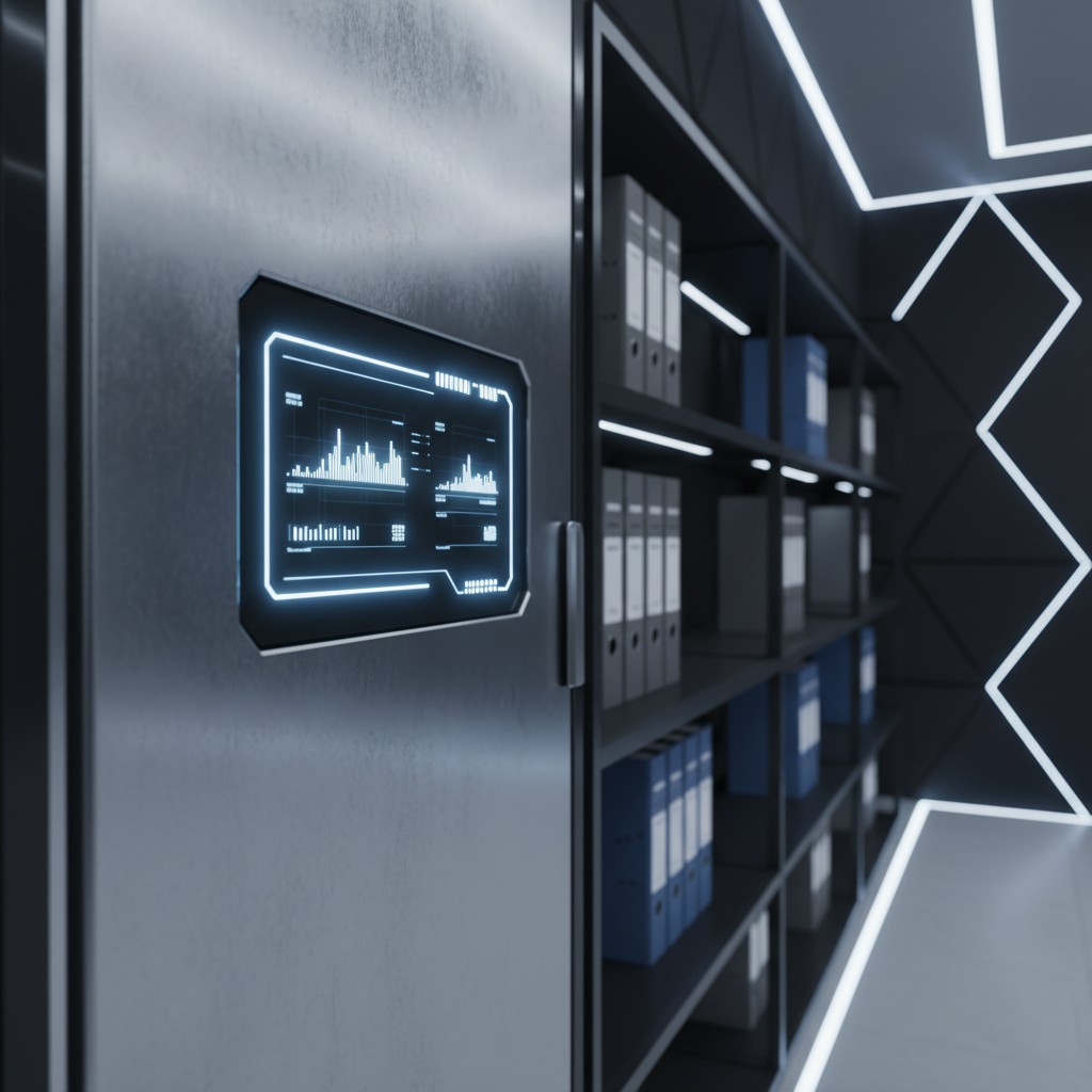 Um gráfico LED em uma cabine de armazenamento de arquivos.