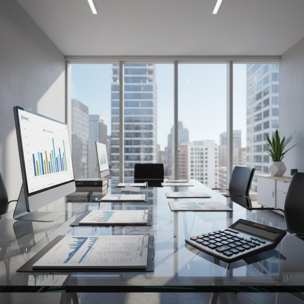 Um escritório de negócios contendo uma tela com uma estatística impressa acompanhada por uma mesa com vários documentos es...